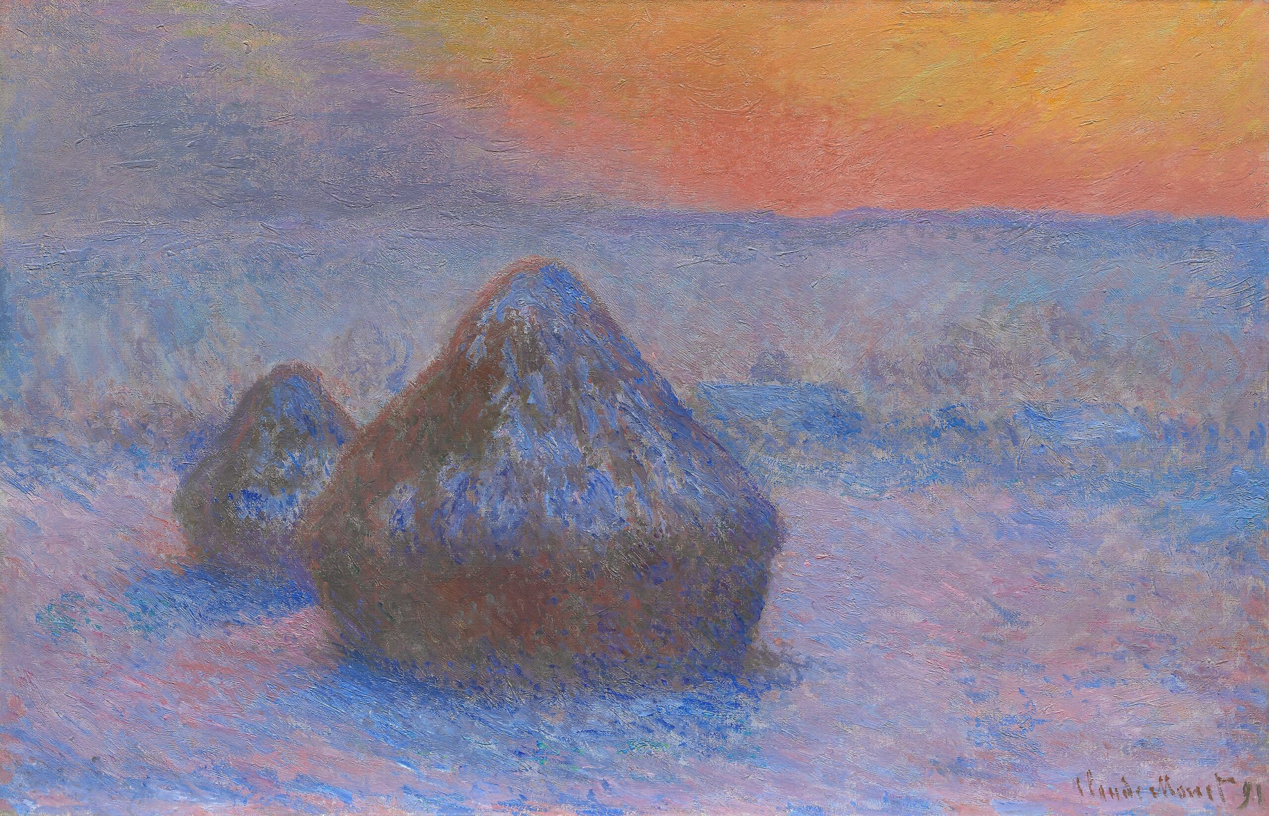 Stacks of Wheat (Sunset, Snow Effect) (1890) - Claude Monet Tablo