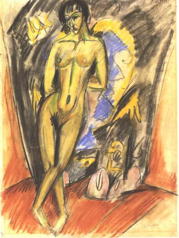 Standing Female Nude in Front of a Tent - Ernst Ludwig Kirchner Tablo
