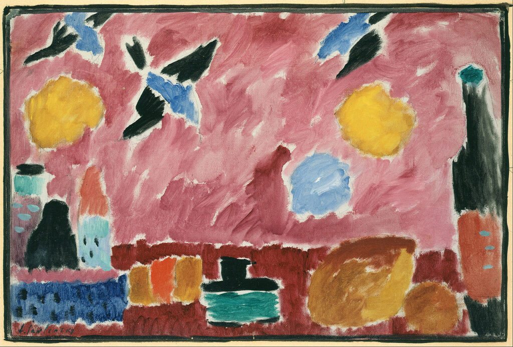 Still Life with Bottle, Bread and red Wallpaper with Swallows (1915) - Alexej von Jawlensky Tablo