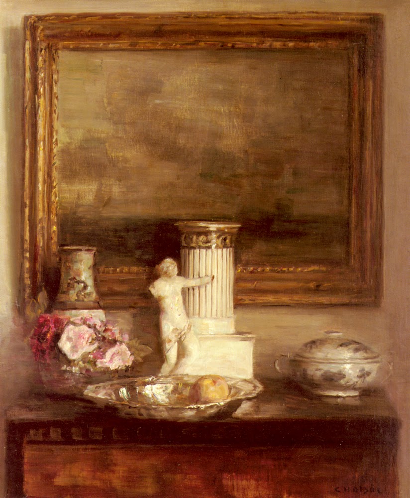 Still Life with Classical Column and Statue - Carl Holsøe Tablo