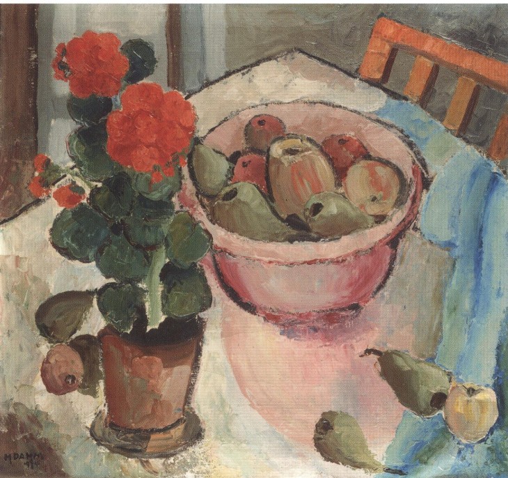 Stillleben mit Geranien und Schale (1950) - Helen Dahm Tablo