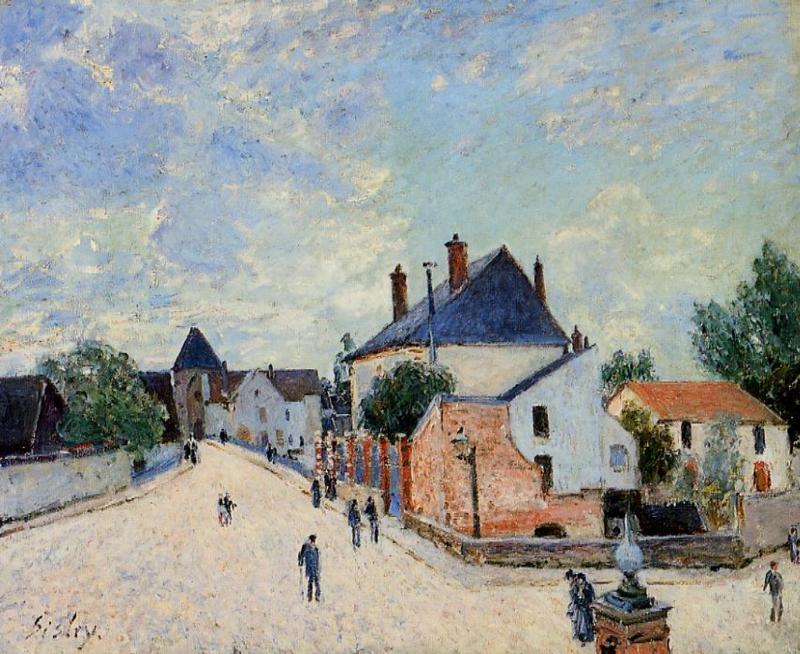 Street in Moret(Porte de Bourgogne from across the Bridge) (1888) - Alfred Sisley Tablo