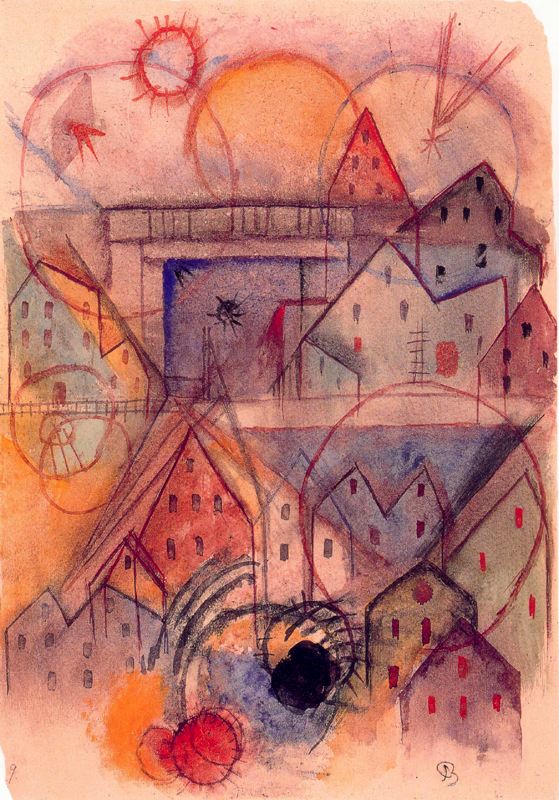 Study of shape and color № 9 with railway bridge - Albert Bloch Tablo