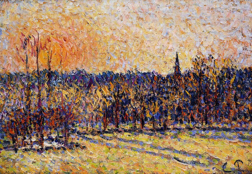 Sunset, Bazincourt Steeple - Camille Pissarro Tablo