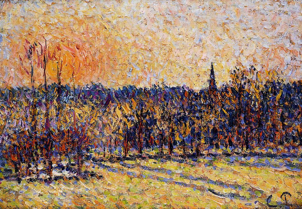 Sunset, Bazincourt Steeple - Camille Pissarro Tablo
