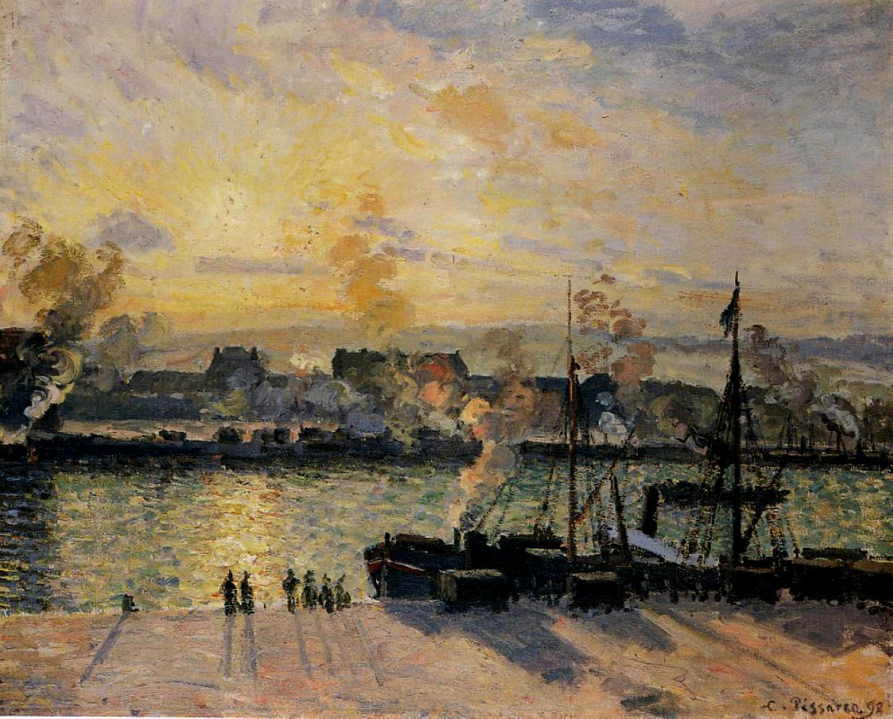 Sunset, The Port of Rouen (Steamboats) (1898) - Camille Pissarro Tablo
