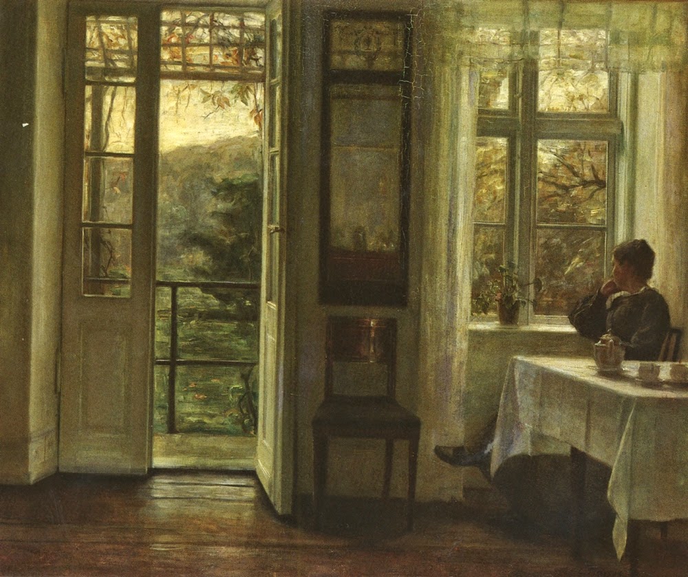 The Artist's Wife Sitting at a Window in a Sunlit Room (1900) - Carl Holsøe Tablo