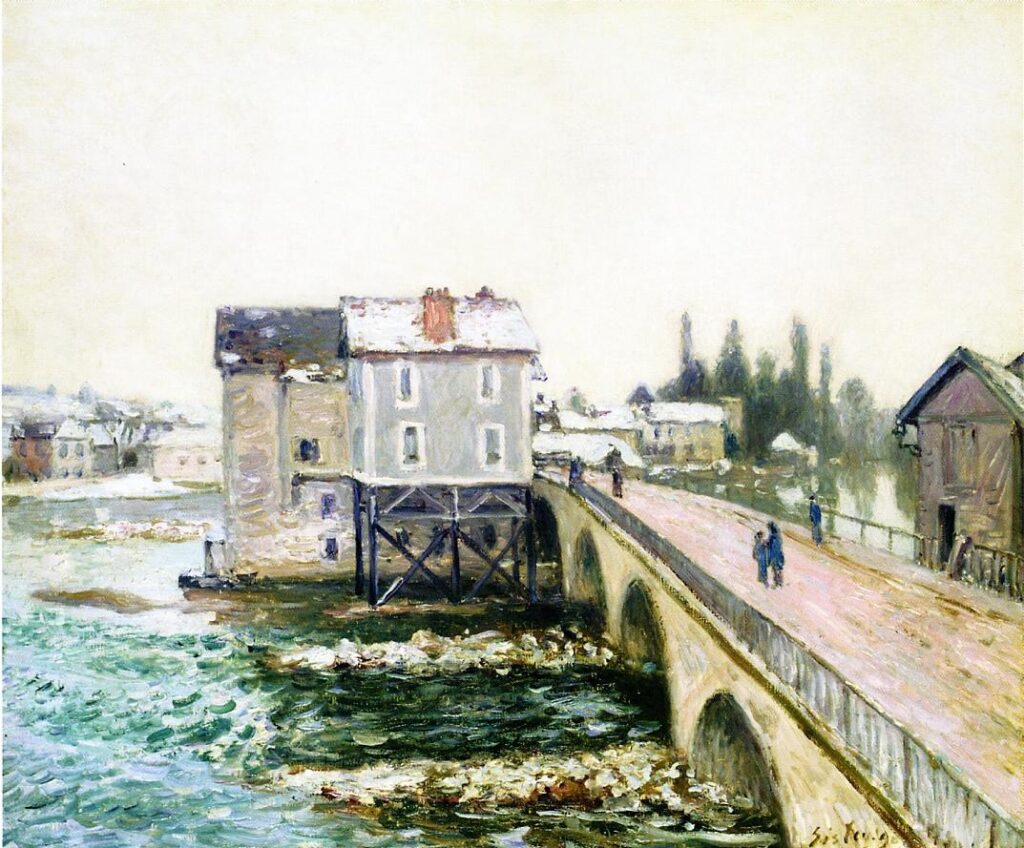 The Bridge and Mills of Moret, Winter s Effect (1890) - Alfred Sisley Tablo