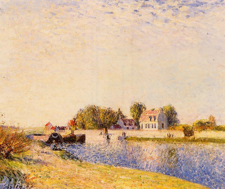 The Dam on the Loing Barges (1885) - Alfred Sisley Tablo
