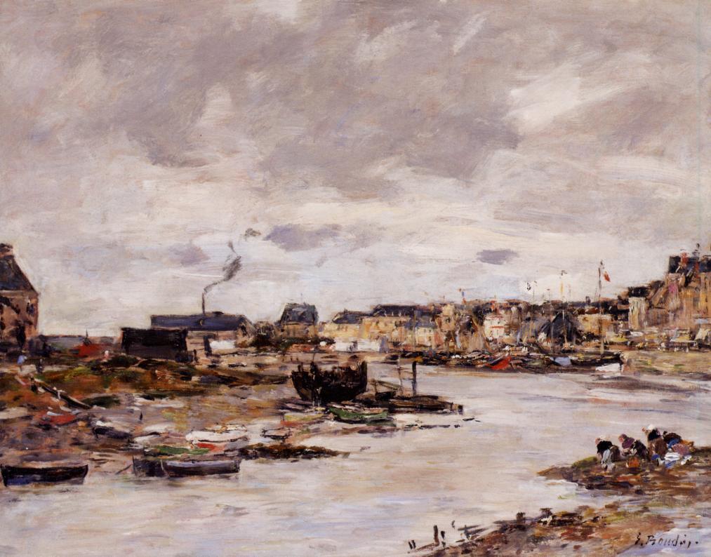 The Inner Port of Trouville at Low Tide - Eugène Boudin Tablo