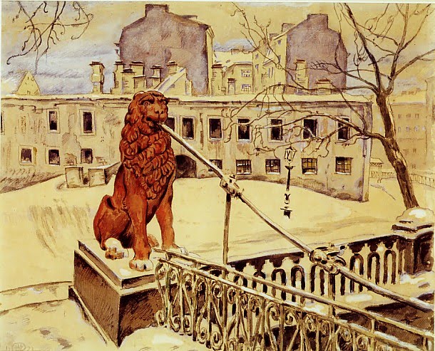 The Lion Bridge in Petrograd (1922) - Mstislav Dobuzhinsky Tablo