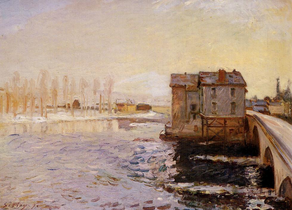 The Moret Bridge and Mills under Snow (1890) - Alfred Sisley Tablo