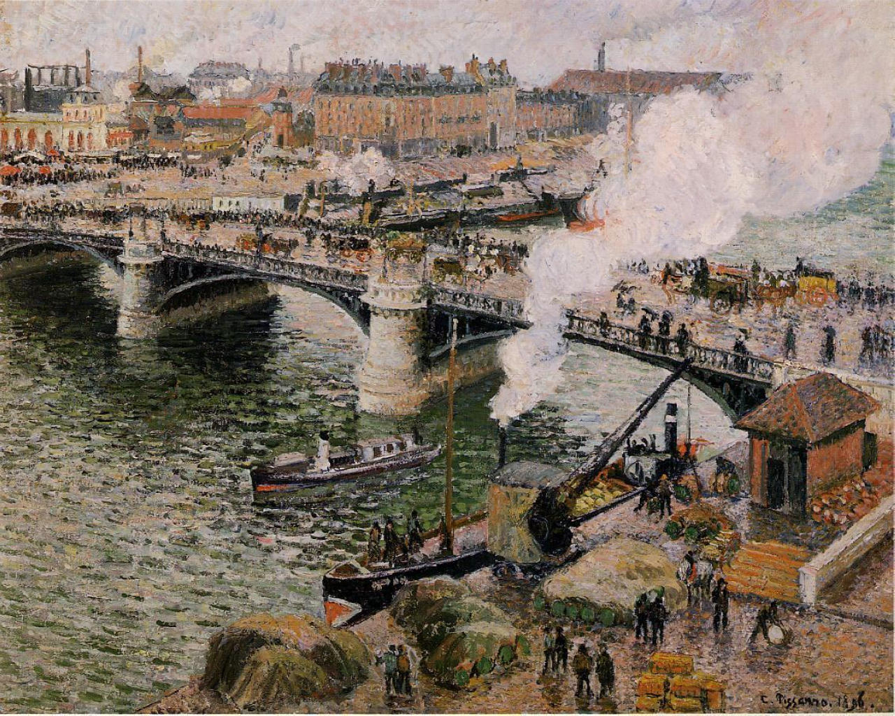 The Pont Boieldieu, Rouen, Damp Weather (1896) - Camille Pissarro Tablo