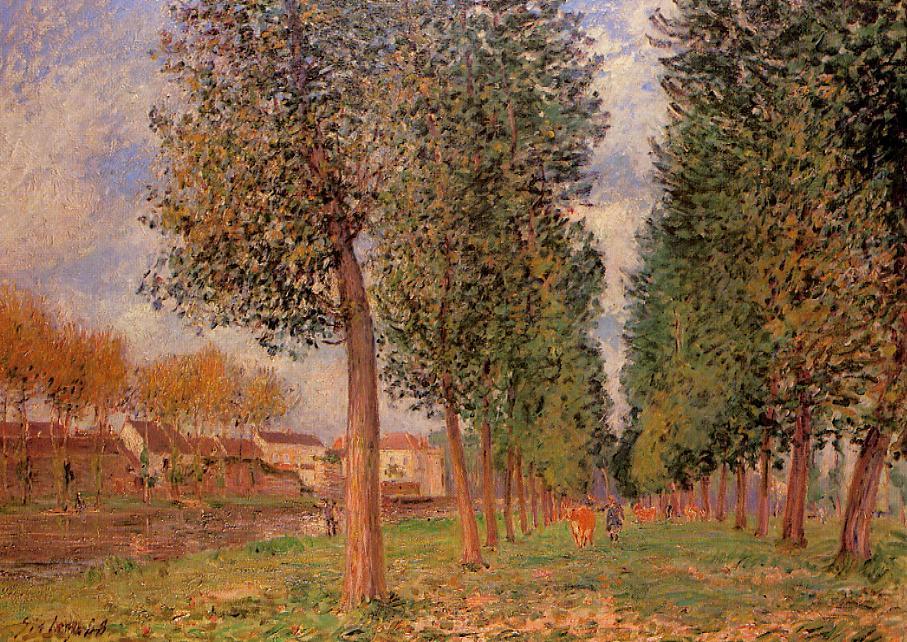 The Poplar Avenue at Moret, Cloudy Day, Morning (1888) - Alfred Sisley Tablo