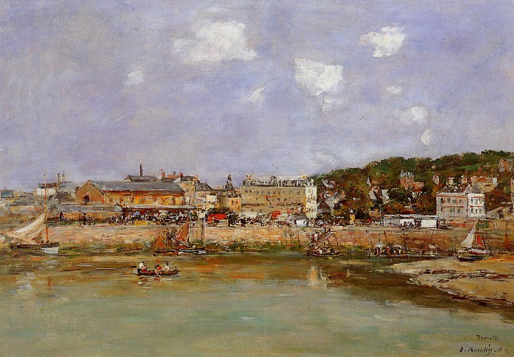 The Port of Trouville, the Market Place and the Ferry (1884) - Eugène Boudin Tablo