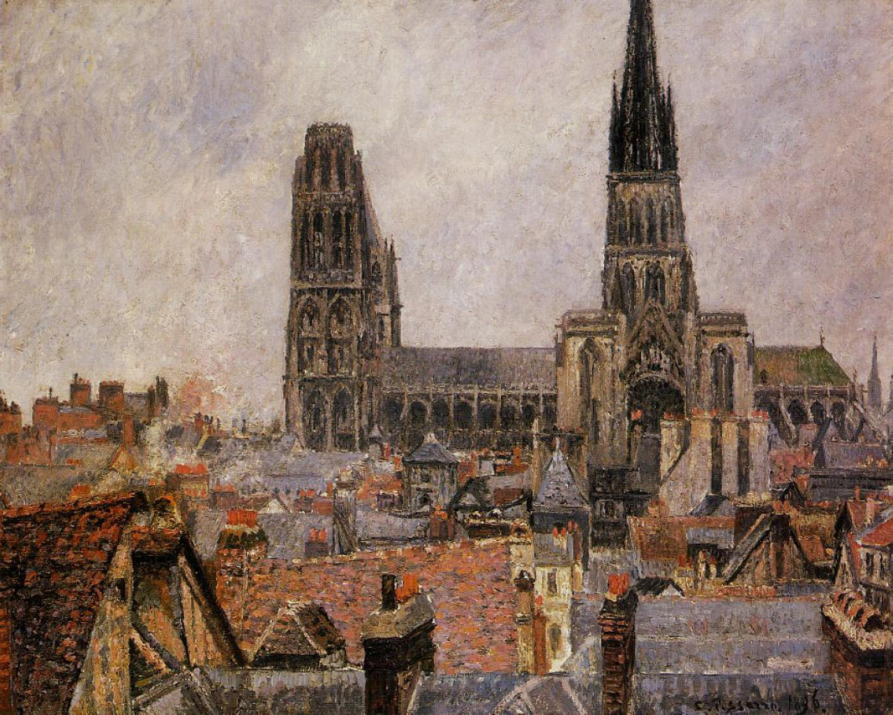 The Roofs of Old Rouen Grey Weather (1896) - Camille Pissarro Tablo