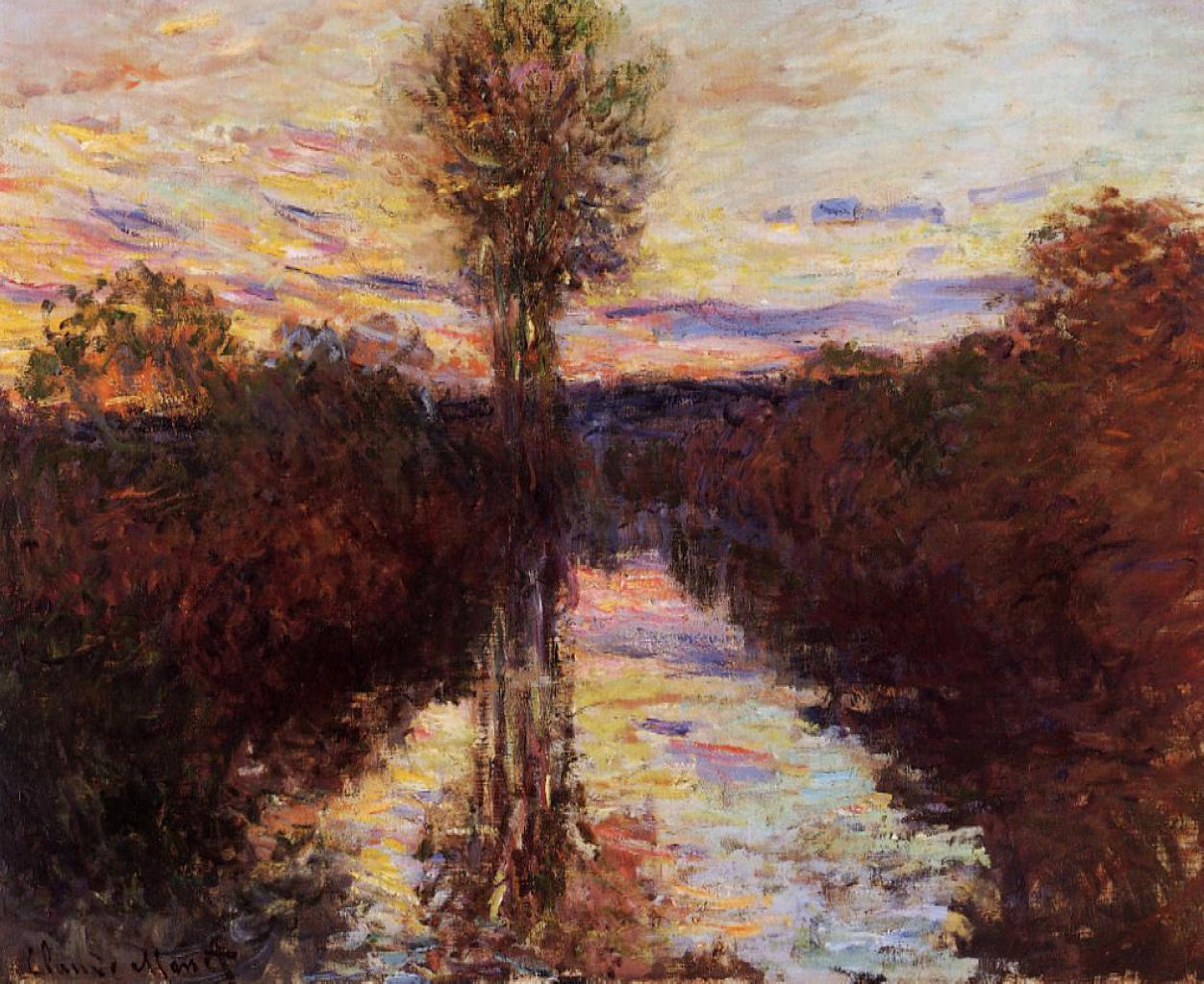 The Small Arm of the Seine at Mosseaux, Evening (1878) - Claude Monet Tablo