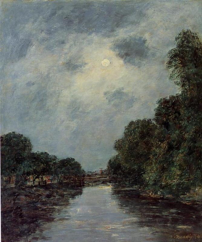 The Somme near D'Abbeville Moonlight (1894) - Eugène Boudin Tablo