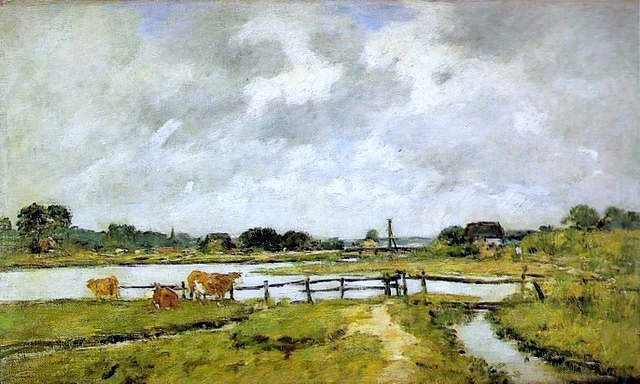 The Valley of the Touques. Cows in the Meadow. (1892) - Eugène Boudin Tablo