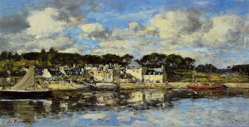The Village and the Port on the River (1873) - Eugène Boudin Tablo