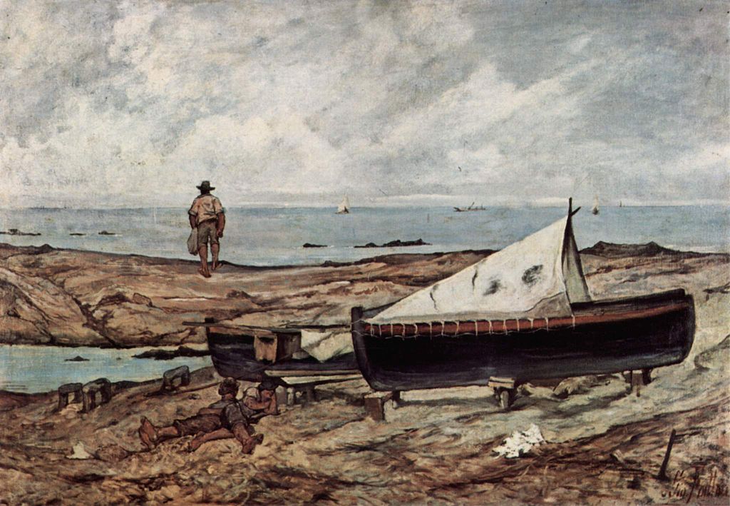 The gray day (beach with fishermen and boats) (1891) - Giovanni Fattori Tablo