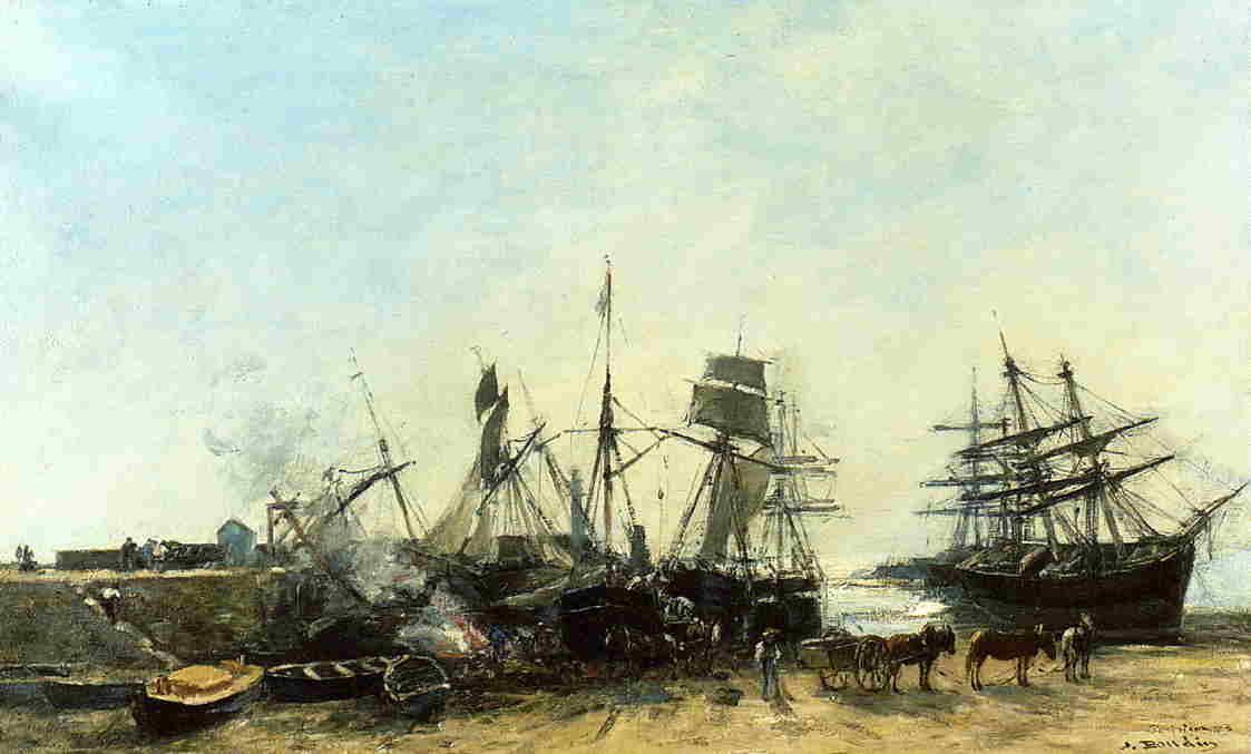 The port Portrieux at low tide unloading fish (1873) - Eugène Boudin Tablo