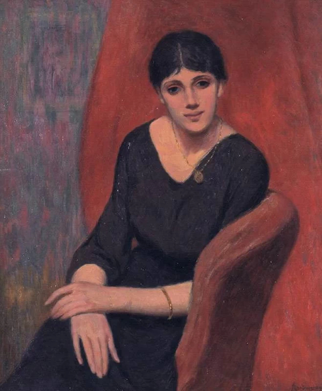 The woman in black on a red background (1914) - Federico Zandomeneghi Tablo