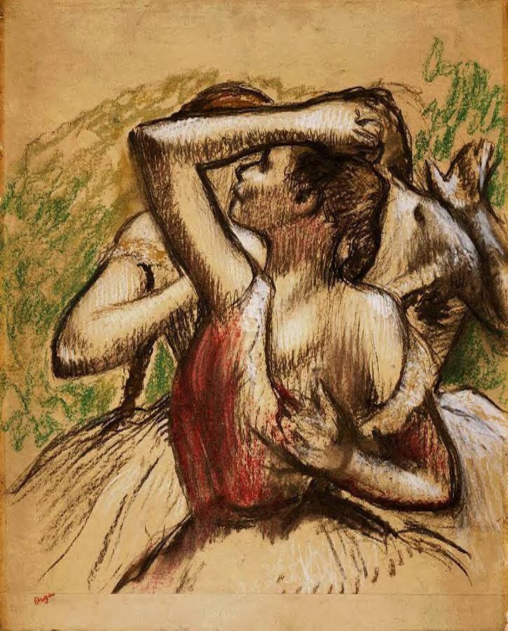 Three Ballet Dancers, One with Dark Crimson Waist (1899) - Edgar Degas Tablo