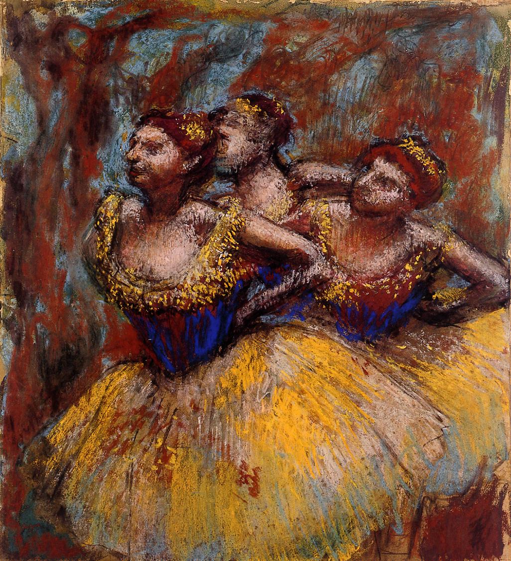 Three Dancers. Yellow Skirts, Blue Blouses (1896) - Edgar Degas Tablo
