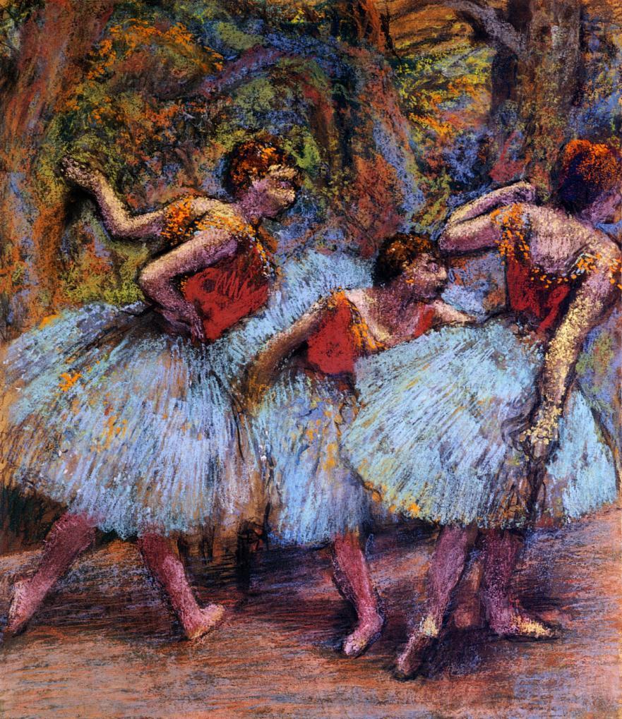 Three Dancers, Blue Skirts, Red Blouses (1903) - Edgar Degas Tablo