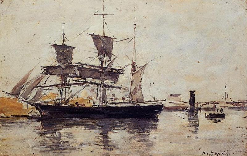 Three Masted Ship at Dock (1883) - Eugène Boudin Tablo
