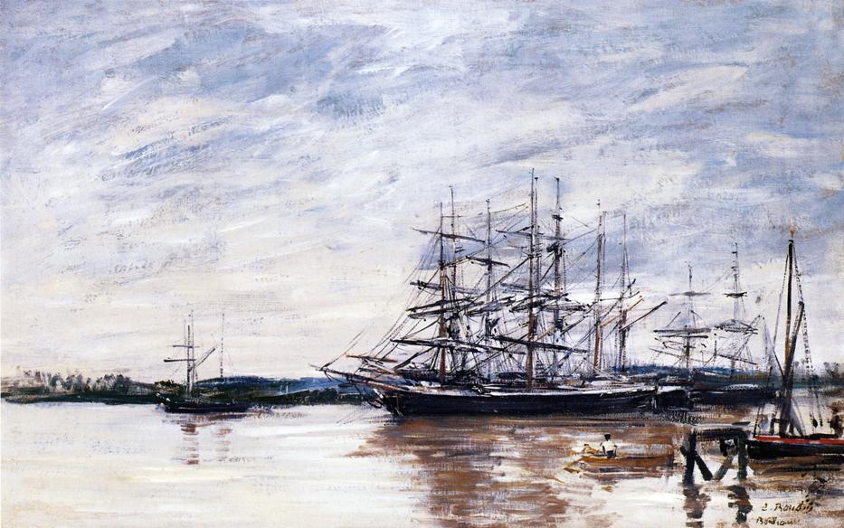 Three Masted Ship in Port, Bordeaux (1875) - Eugène Boudin Tablo