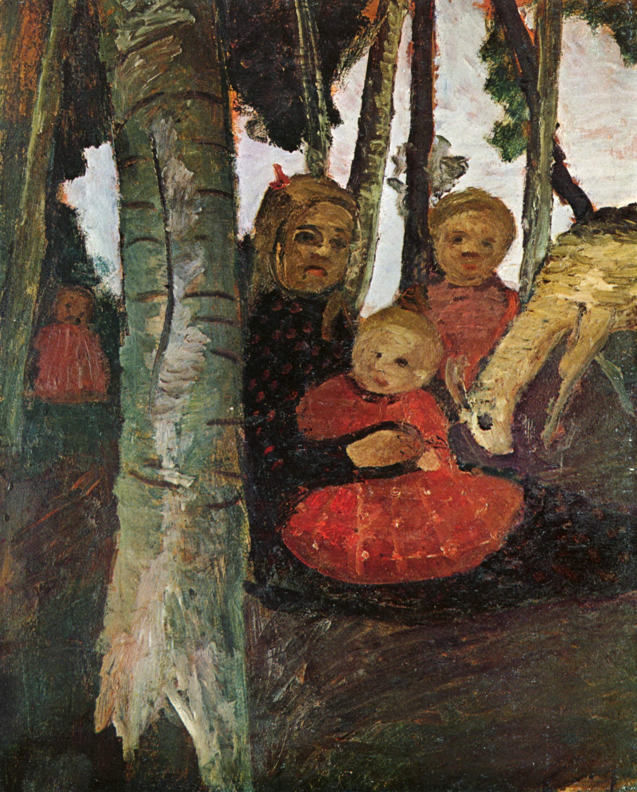Three children with goat in the birch forest (1904) - Paula Modersohn-Becker Tablo
