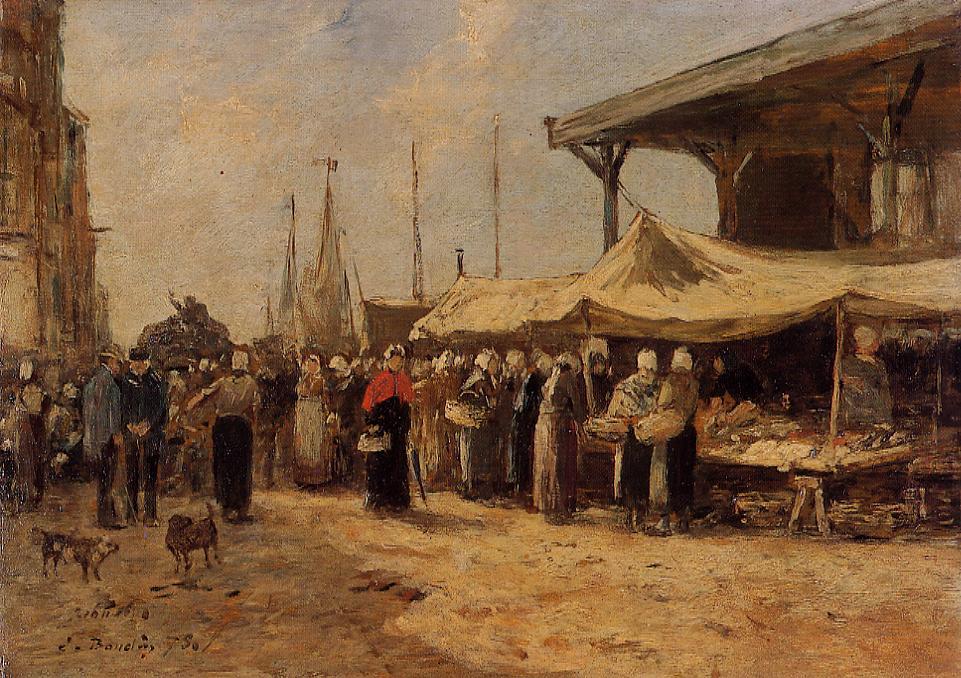 Trouville, Fish Market (1875) - Eugène Boudin Tablo