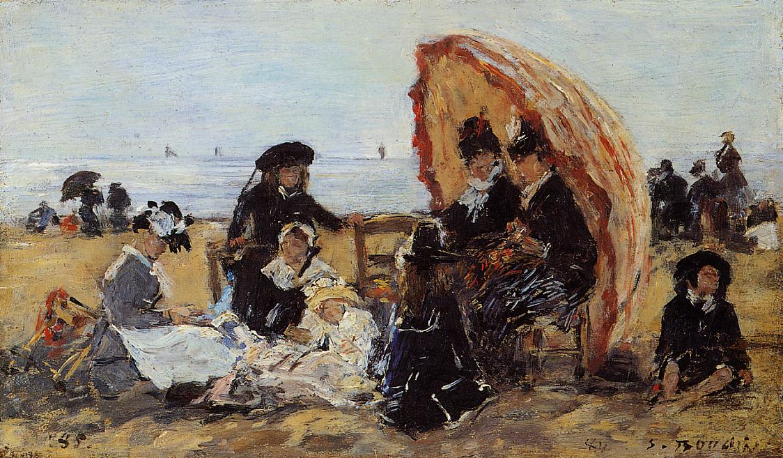 Trouville, on the Beach Sheltered by a Parasol (1895) - Eugène Boudin Tablo