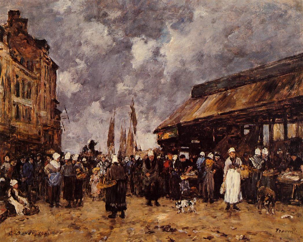 Trouville, the Fish Market (1884) - Eugène Boudin Tablo