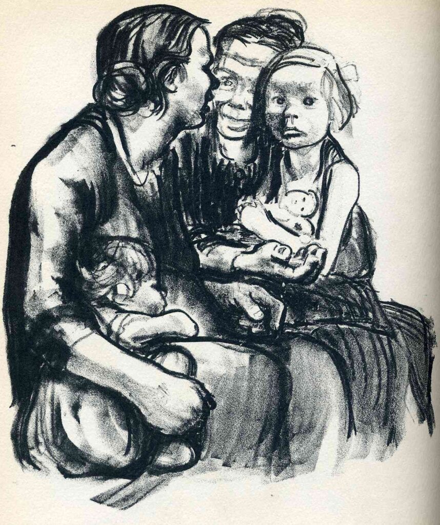 Two Chatting Women with Two Children (1930) - Käthe Kollwitz Tablo
