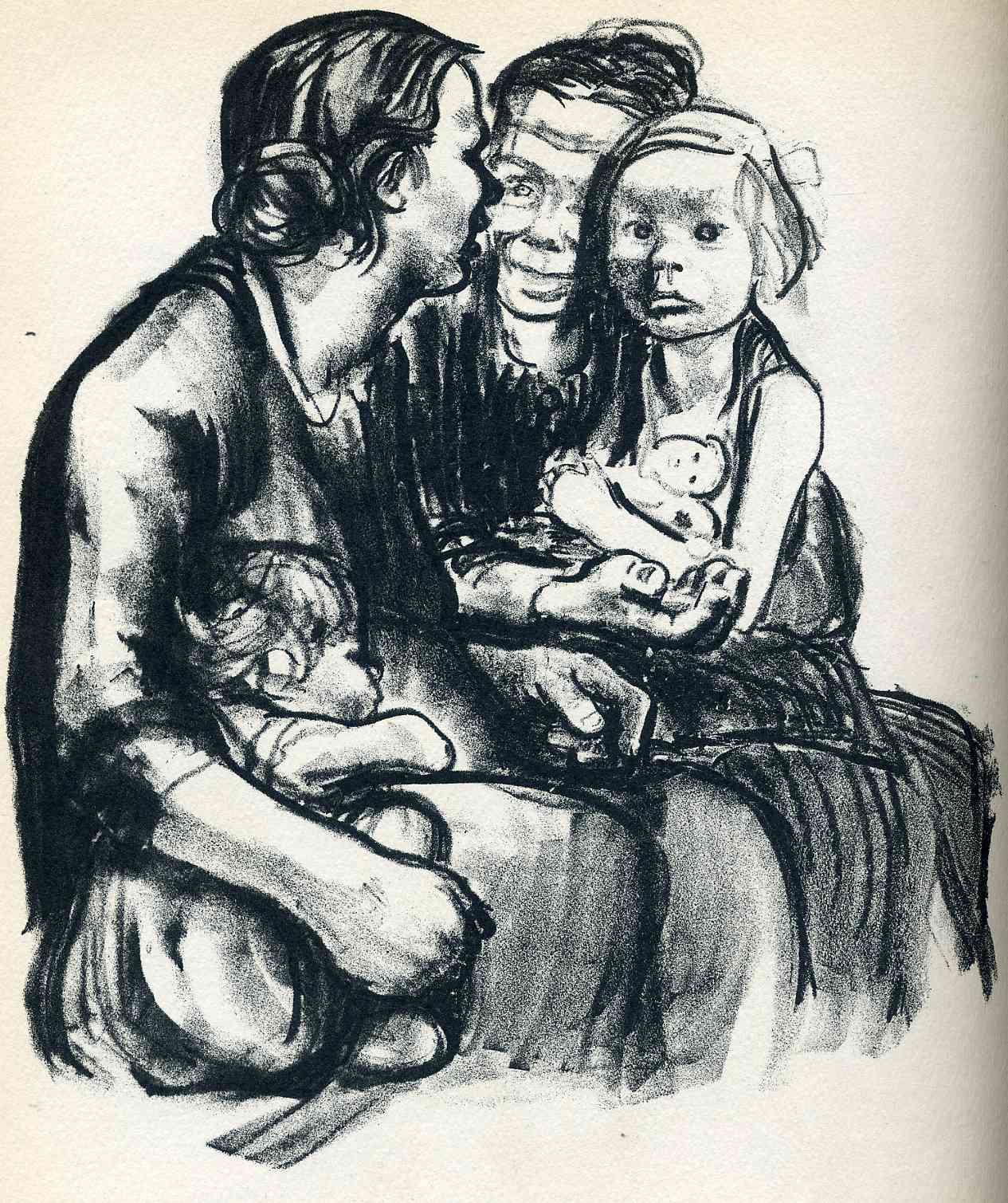 Two Chatting Women with Two Children (1930) - Käthe Kollwitz Tablo