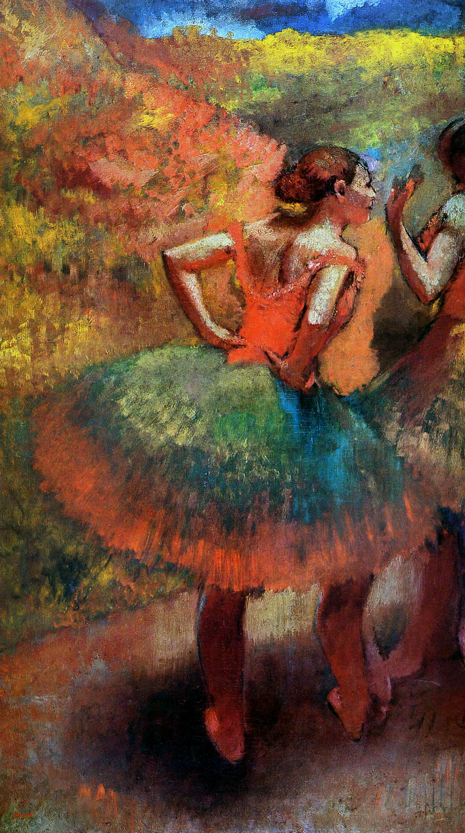 Two Dancers in Green Skirts, Landscape Scener (1894) - Edgar Degas Tablo