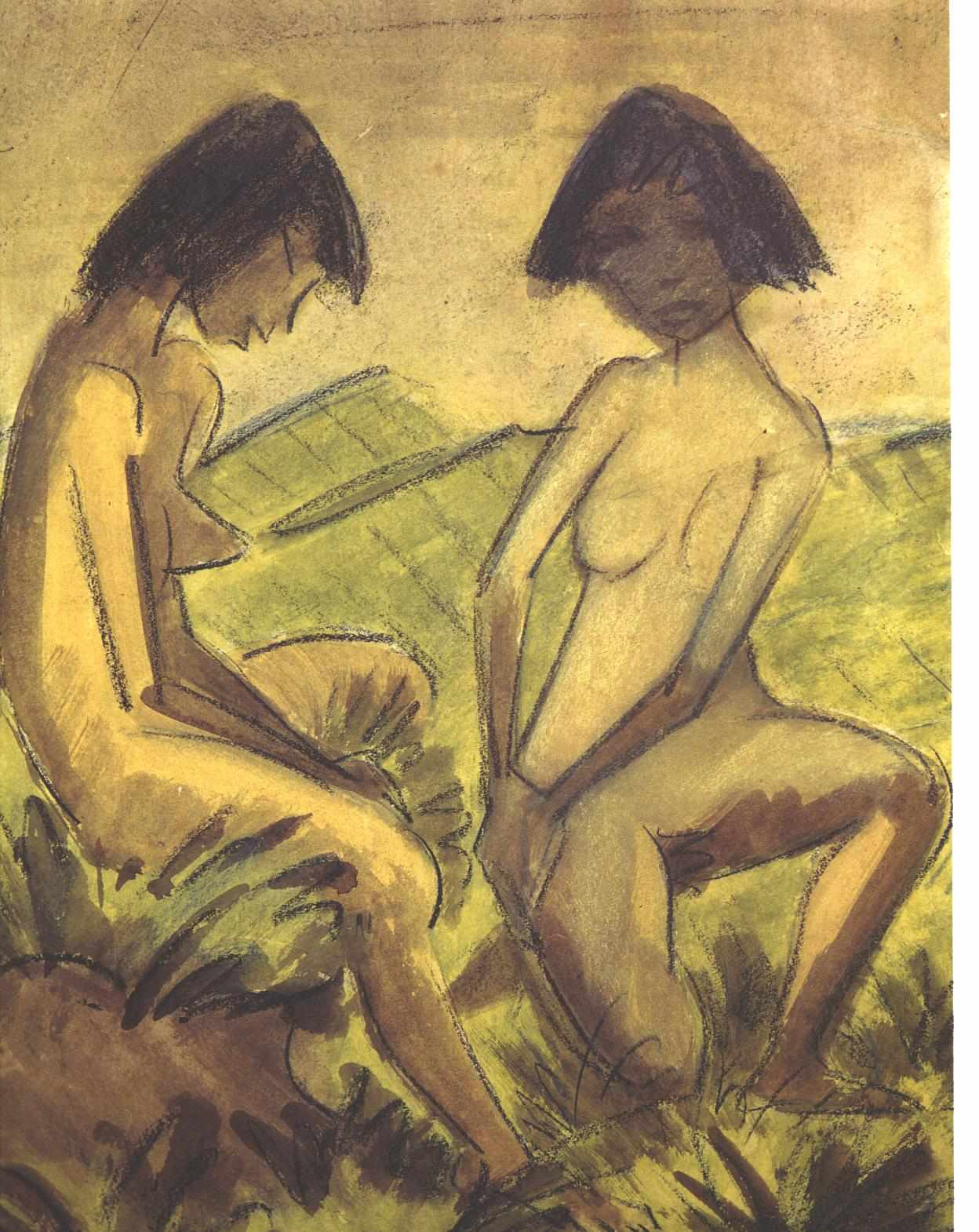 Two Girls in Landscape - Otto Mueller Tablo