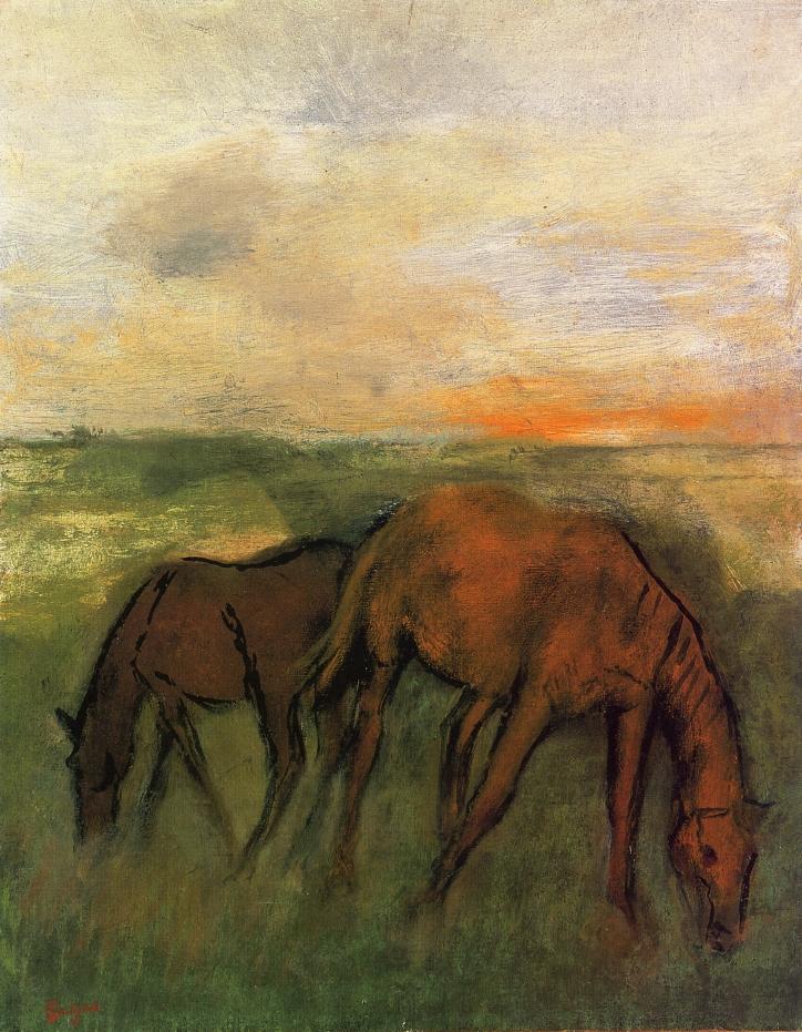 Two Horses in a Pasture (1871) - Edgar Degas Tablo