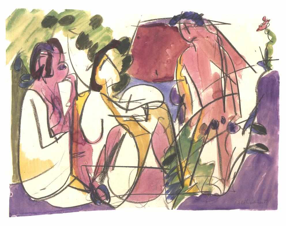 Two Seated Woman and a Striding Man - Ernst Ludwig Kirchner Tablo
