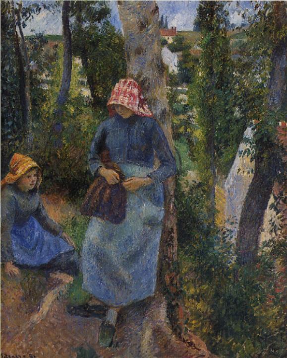 Two Young Peasants Chatting under the Trees (1881) - Camille Pissarro Tablo