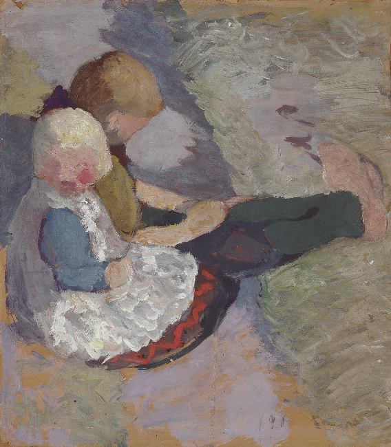 Two children sit on a meadow - Paula Modersohn-Becker Tablo