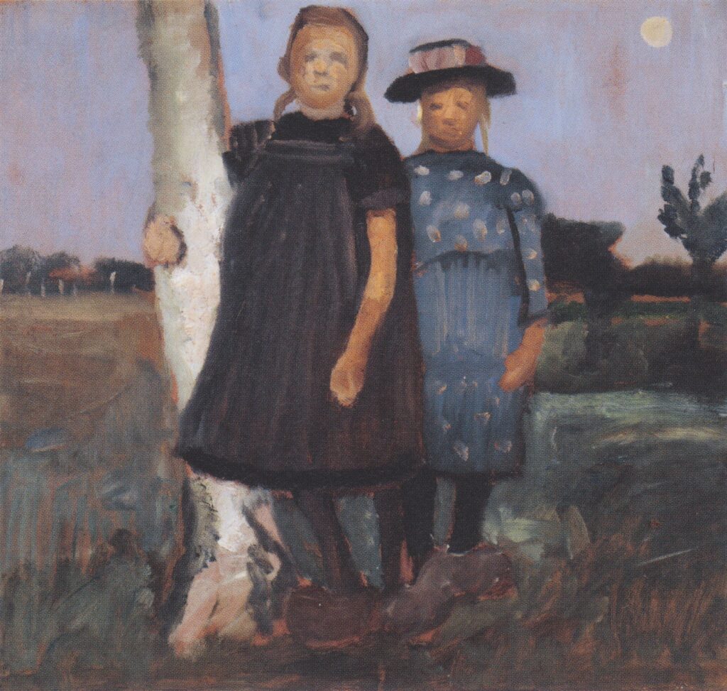 Two girls standing on the birch trunk (1902) - Paula Modersohn-Becker Tablo