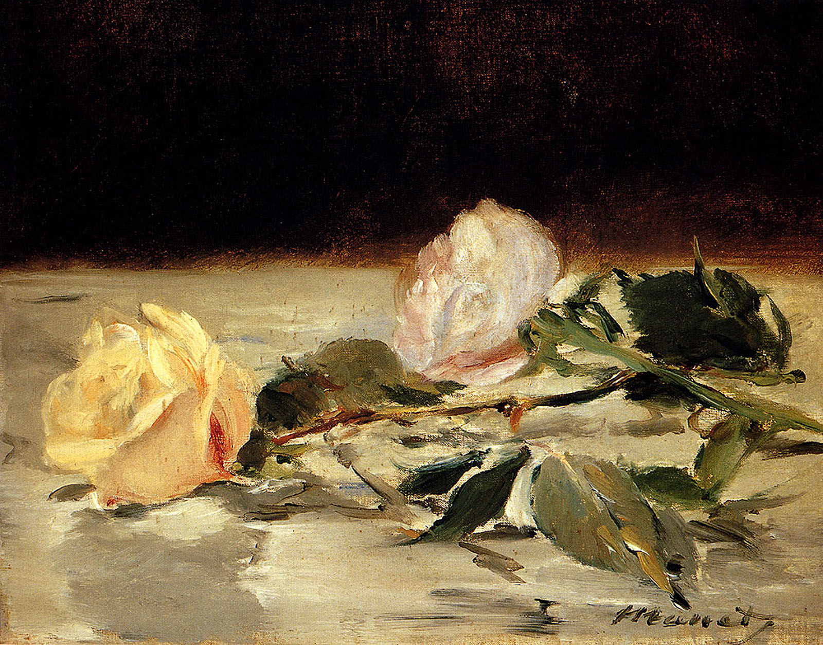 Two roses on a tablecloth (1883) - Edouard Manet Tablo