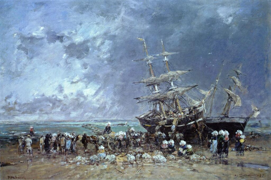 Unloading the Newfoundland Fishing Boat (1873) – Eugène Boudin Tablo