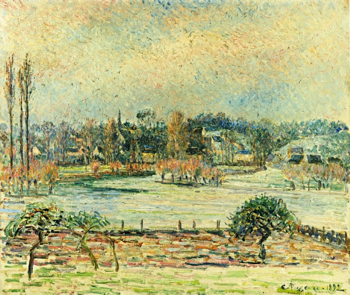 View of Bazincourt, Flood, Morning Effect (1892) - Camille Pissarro Tablo