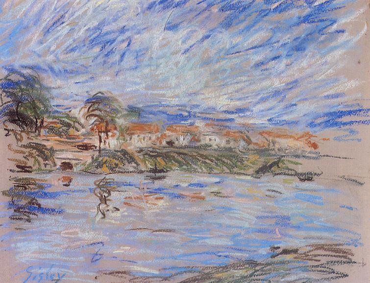 View of a Village by a River (1888) - Alfred Sisley Tablo