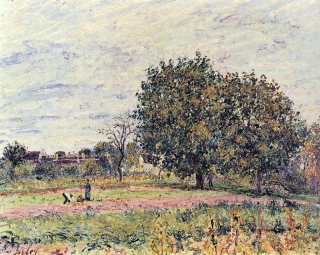 Walnut trees at sunset in early October (1882) - Alfred Sisley Tablo